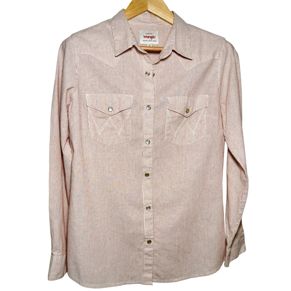 Wrangler Western Snap Shirt Women’s M Red Pinstripe Cotton Cowboy Top - Picture 2 of 11